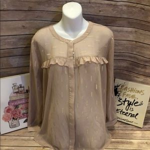 Loft pink gold sheer geometric ruffle blouse Sz Xl